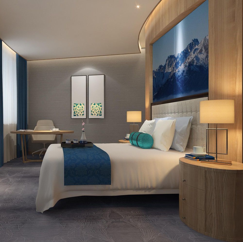 Hotel guest room with decorative linear lighting